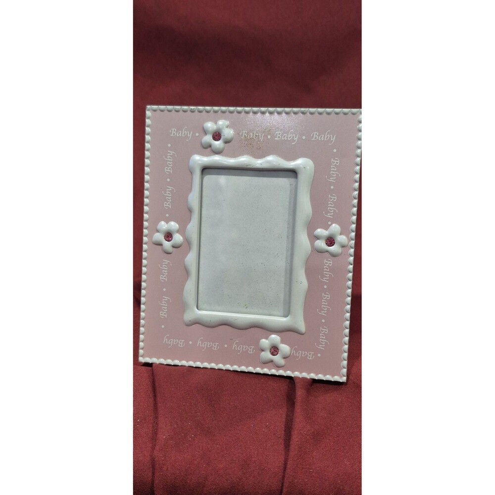 Baby Girl Picture Frame Pastel Pink Daisy With Rhinestones 5x4 Inch Decor EUC